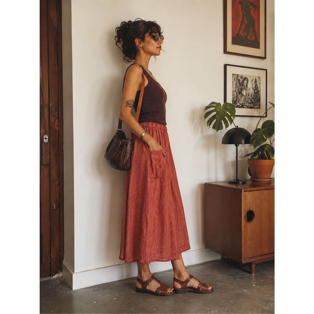Flax Women’s Multi Red Pink Woven Textured Linen Pocket Maxi Skirt - Picture 4 of 10
